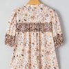 Women's Khaki Boho Floral Print Loose Blouse with Half Placket and Short Sleeves - Image 10