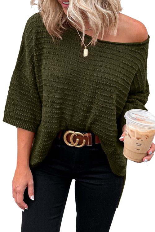 Women's Green Textured Knit Drop Shoulder Short Sleeve Sweater - Casual and Stylish