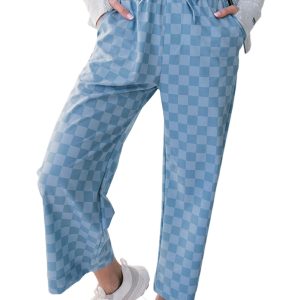 Women's Sky Blue Checkered High Waist Loose Casual Pants - Trendy Wide Leg Style