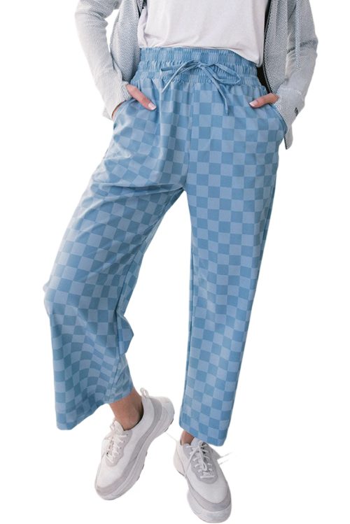 Women's Sky Blue Checkered High Waist Loose Casual Pants - Trendy Wide Leg Style