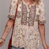 Women's Khaki Boho Floral Print Loose Blouse with Half Placket and Short Sleeves - Image 8