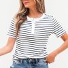 Women's White Stripe Textured Short Sleeve Buttoned Henley Top - Casual Summer Tee - Image 4