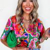 Women's Rose Summer Plant Print Lace Up V Neck Short Sleeve Blouse - Image 5