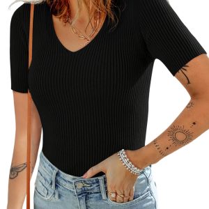 Women's Black V Neck Ribbed Knit Short Sleeve Sweater - Lightweight & Comfortable