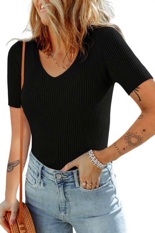 Women's Black V Neck Ribbed Knit Short Sleeve Sweater - Lightweight & Comfortable
