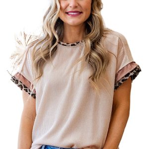 Women's Jet Stream Leopard Patchwork Corded Knit Crew Neck T-Shirt - Trendy Casual Top