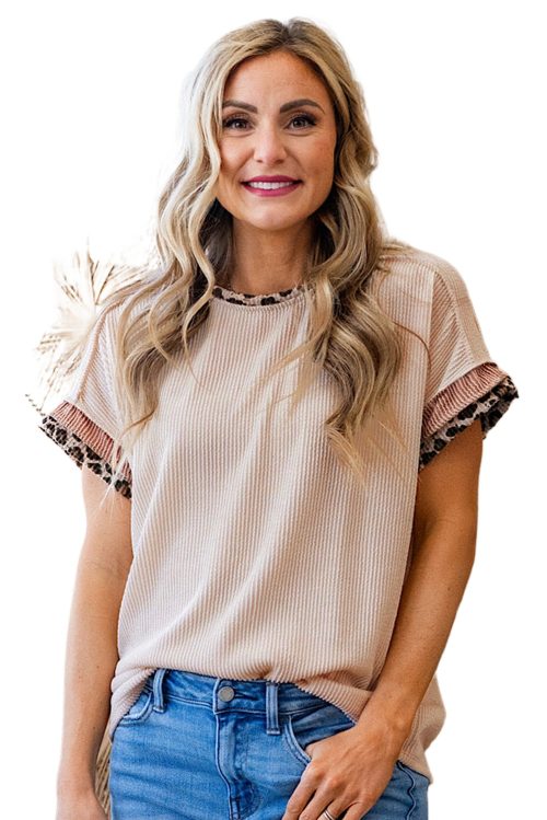 Women's Jet Stream Leopard Patchwork Corded Knit Crew Neck T-Shirt - Trendy Casual Top