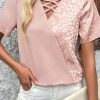 Women's Apricot Pink Leopard Jacquard Patchwork Crisscross V Neck Short Sleeve Blouse - Image 10