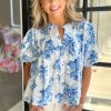 Women's Sky Blue Floral Tiered Puff Short Sleeve Pleated Bust Buttoned Casual Shirt - Image 6