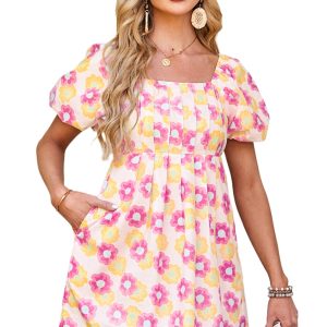 Women's Rose Vibrant Floral Square Neck Puff Sleeve Pleated Flared Midi Dress for Summer