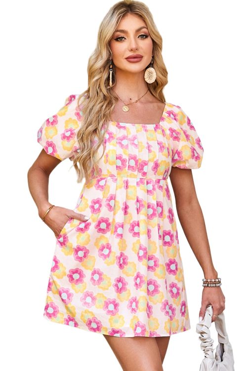 Women's Rose Vibrant Floral Square Neck Puff Sleeve Pleated Flared Midi Dress for Summer
