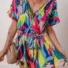 Women's Multicolour Tropical Printed Surplice Neck Tie Waist Romper for Summer Vacation - Image 5