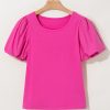 Stylish Strawberry Pink Casual Round Neck Bubble Sleeve T-Shirt for Women - Image 5