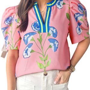 Women's Pink Floral Print Striped Notched V Neck Bubble Sleeve Blouse - Summer Style