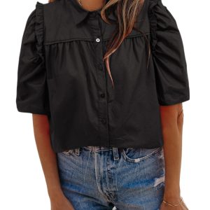 Women's Black Frilly Puff Sleeve Collared Shirt - Trendy and Elegant