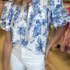Women's Sky Blue Floral Tiered Puff Short Sleeve Pleated Bust Buttoned Casual Shirt - Image 2