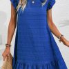 Women's Dark Blue Textured Flutter Sleeve Ruffled Mini Dress for Summer - Image 6