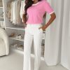 Women's Bonbon Colorblock Short Sleeve Sweater with Bow Applique and V-Shape Cut Back - Image 6