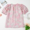 Chic Pink Floral Print Drawstring V Neck Puff Sleeve Blouse for Women - Image 9