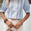 Women's Sky Blue Stripe Floral Lace Splicing Puff Sleeve Blouse for Elegant Summer Style - Image 7