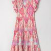 Women's Rose Tribal Paisley Print Ruffled Sleeve Notch Neck Midi Dress - Bohemian Style - Image 12