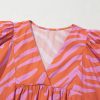 Women's Orange Zebra Stripe Print Ruched Cuff Half Sleeve V Neck Blouse - Image 11