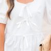Elegant Women's White Bow Knot Decor Square Neck Puff Sleeve Peplum Top - Image 8