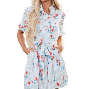 Women's Sky Blue Stripe Floral Ruffle Mini Dress with Belt