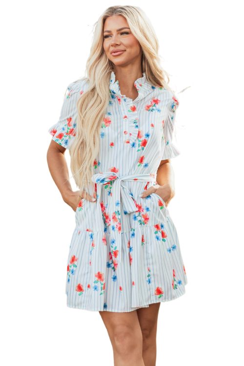 Women's Sky Blue Stripe Floral Ruffle Mini Dress with Belt