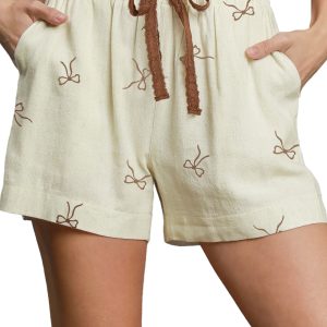 Women's White Bow Print Lace Drawstring Casual Shorts - Lightweight & Comfortable