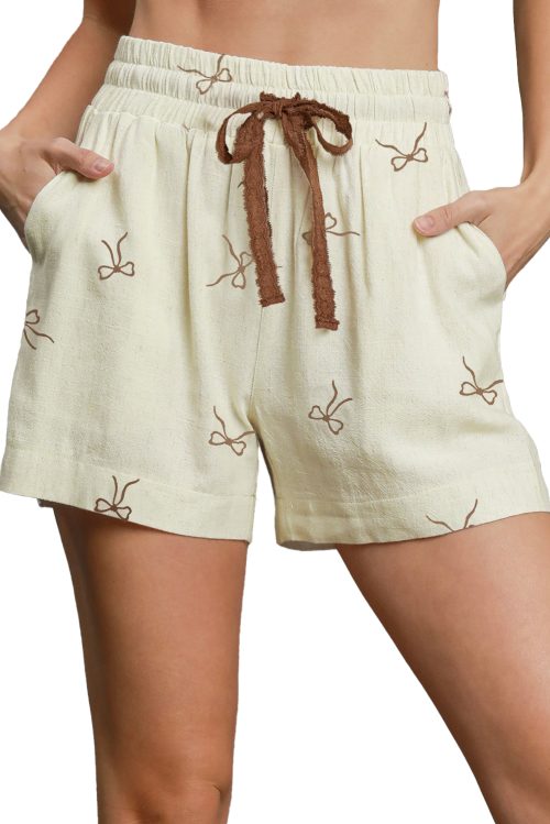 Women's White Bow Print Lace Drawstring Casual Shorts - Lightweight & Comfortable