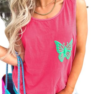 Women's Sachet Pink Butterfly Graphic Casual Tank Top - Stylish Sleeveless Summer Tee