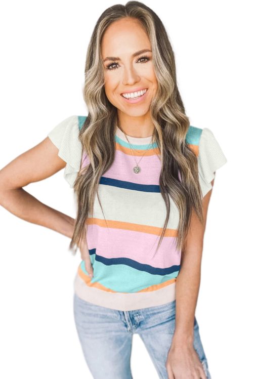 Women's Multicolor Striped Color Block Flutter Sleeve Short Sleeve Sweater Top