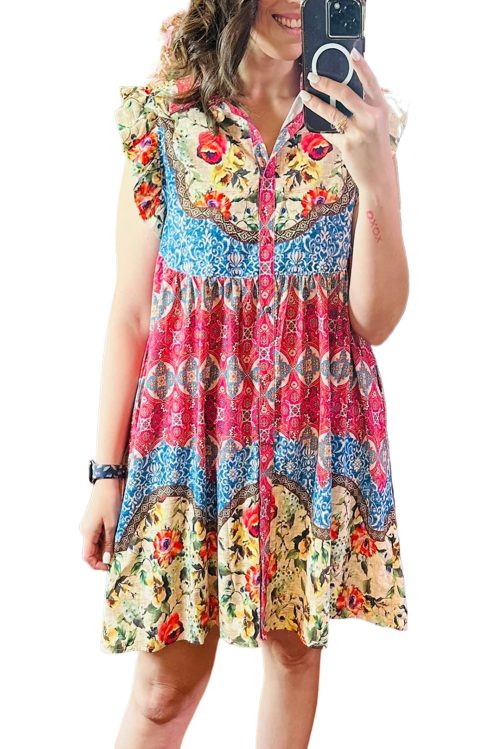 Women's Rose Floral Mixed Pattern Ruffle Flutter Sleeve Buttoned Dress