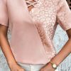 Women's Apricot Pink Leopard Jacquard Patchwork Crisscross V Neck Short Sleeve Blouse - Image 15