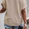 Chic Oatmeal Contrast Geometric Print Patchwork V Neck Short Sleeve Plus Size Top - Image 2