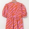 Women's Orange Zebra Stripe Print Ruched Cuff Half Sleeve V Neck Blouse - Image 10