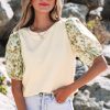 Women's Beige Contrast Floral Bubble Sleeve Patchwork Ribbed Top - Chic & Elegant - Image 5