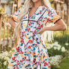 Women's Green Floral Print Zipper Ruffled Short Sleeve High Waist Mini Dress - Image 8