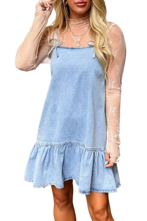 Trendy Beau Blue Denim Mini Dress with Bow Detail and Ruffle Hem