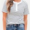 Women's White Stripe Textured Short Sleeve Buttoned Henley Top - Casual Summer Tee - Image 7