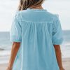 Women's Mist Blue Embroidered Lace Patchwork Tie Neck Puff Short Sleeve Blouse - Image 2
