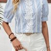 Women's Sky Blue Stripe Floral Lace Splicing Puff Sleeve Blouse for Elegant Summer Style - Image 5