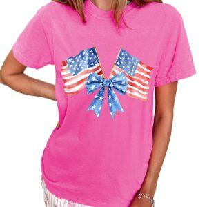 Women's Sachet Pink Dual American Flag Bow Printed Casual T-Shirt