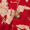 Women's Red Floral Print Midi Dress - Buttoned Front V Neck with Tiered Short Sleeves - Image 14