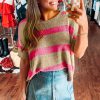 Women's Pink Stripe Colorblock Short Sleeve Lightweight Sweater - Image 5