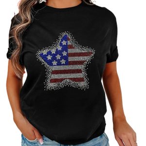 Women's Black Flag Inspired Rhinestone Star Graphic T-Shirt