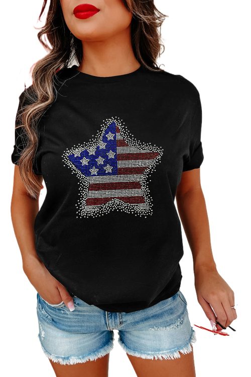 Women's Black Flag Inspired Rhinestone Star Graphic T-Shirt
