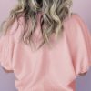 Women's Light Pink Textured Half Sleeve Blouse with Contrast Striped Collar - Image 2