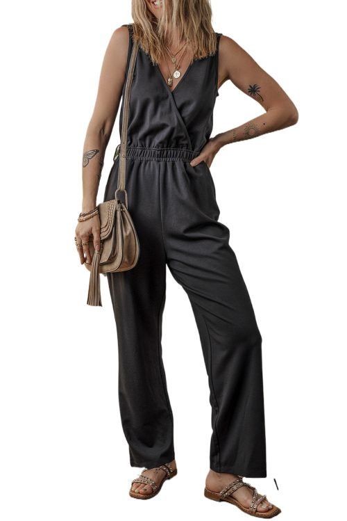 Women's Black Wrap V Neck Sleeveless High Waist Jumpsuit - Chic and Versatile